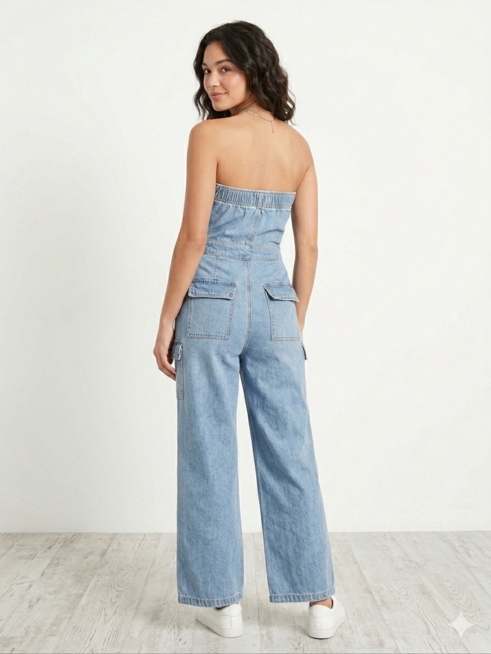 Sincerely Jules Strapless Denim Cargo Jumpsuit Light Wash Small - Picture 3 of 6